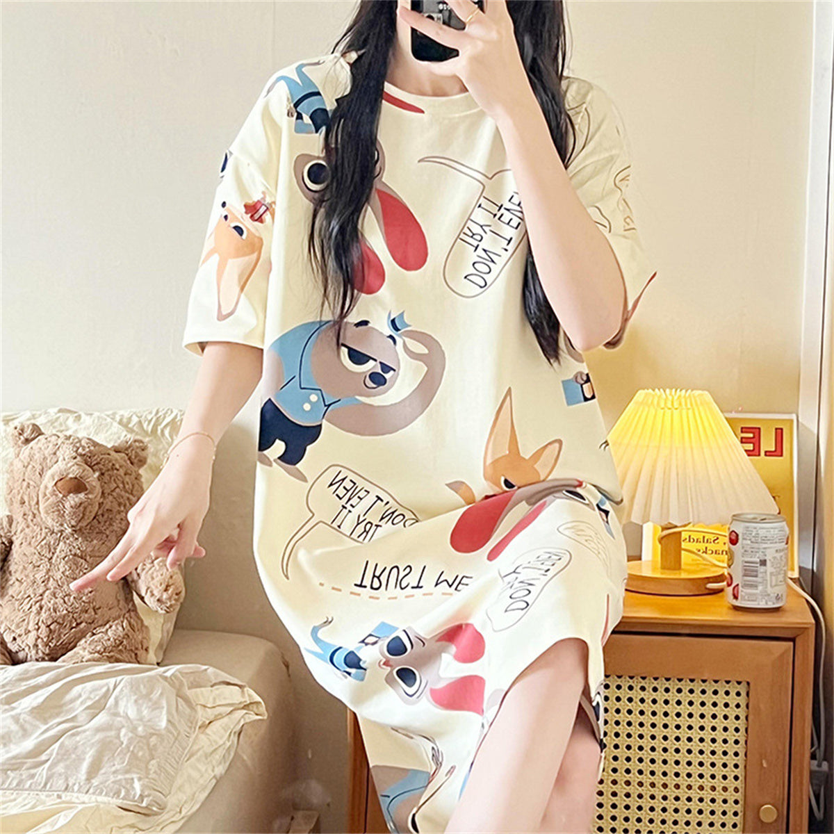 Adult imitation cotton loose four-piece short-sleeved nightgown trousers home clothes suit