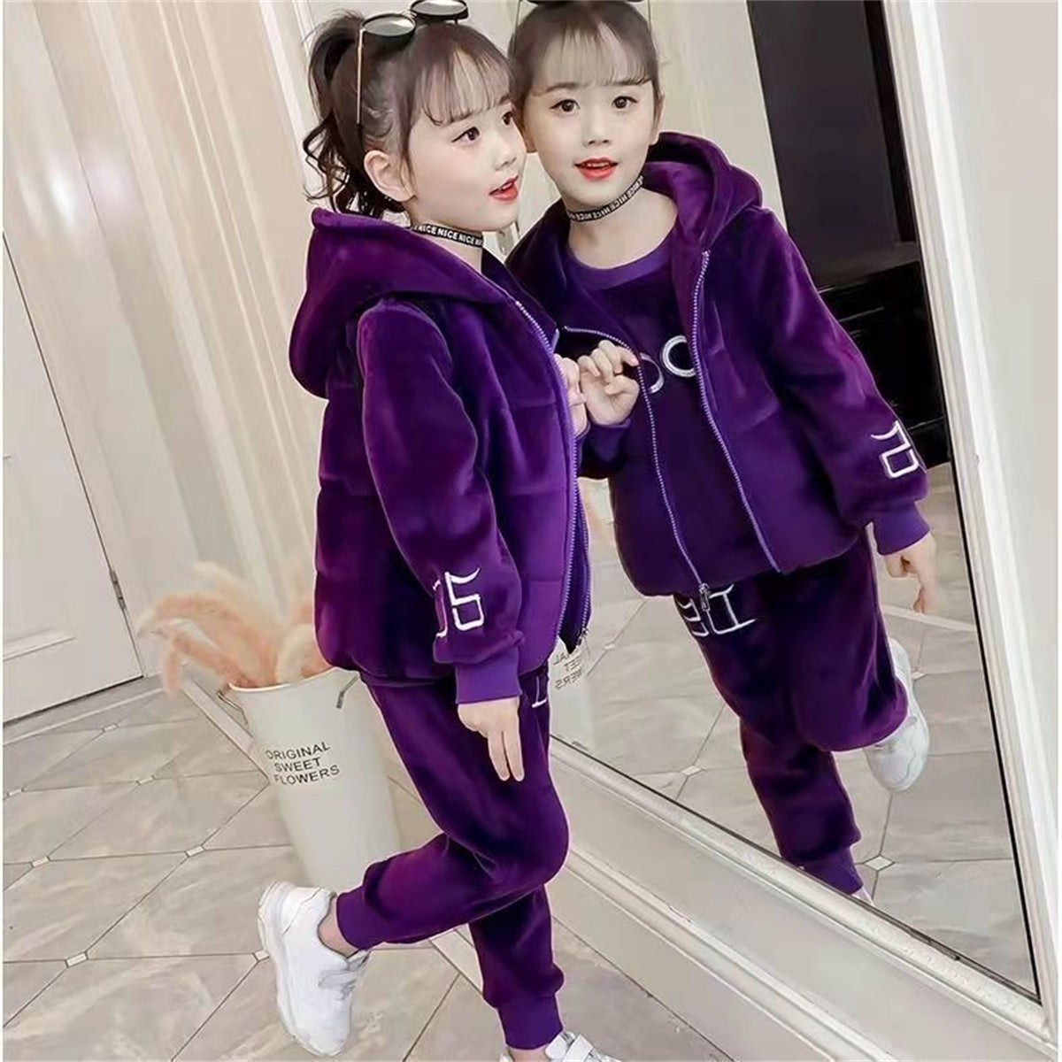 Medium and large girls casual sports style double-faced fleece casual sweatshirt three-piece set