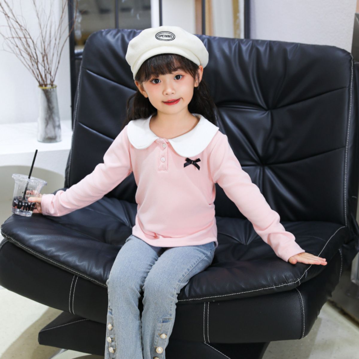 Children's autumn and winter doll collar bottoming shirt for girls fashionable and versatile long-sleeved T-shirt baby sweet top