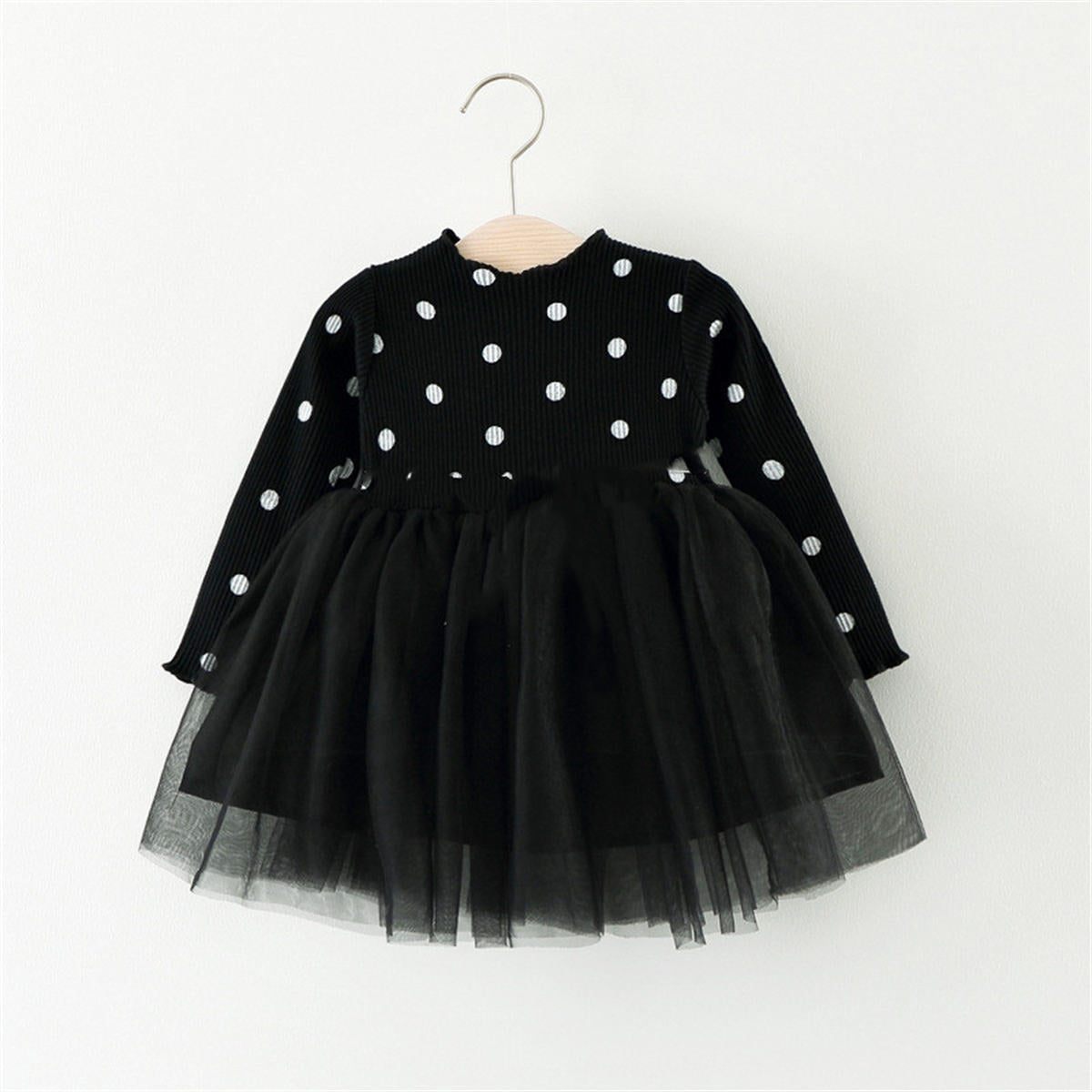 Girls Polka Dot Splicing Tulle Princess Dress Long Sleeve Dress