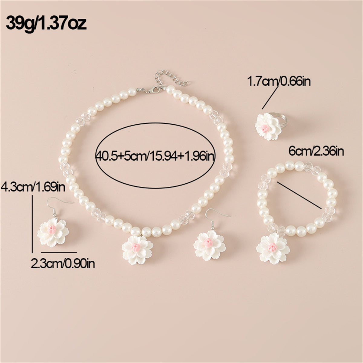 Children's 4-piece design sweet style imitation pearl flower pendant jewelry set