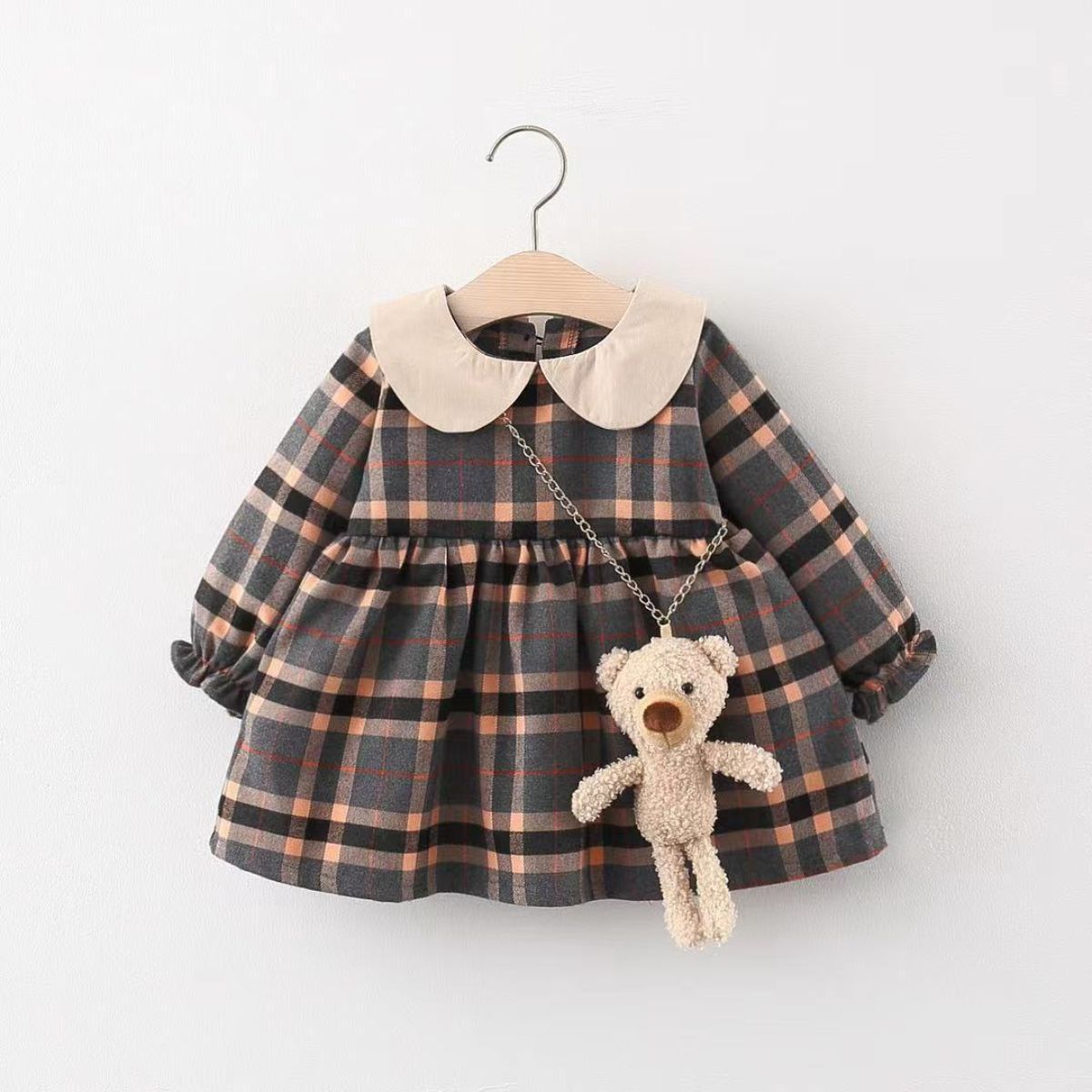 Autumn Girls Plaid Dress with Bear Bag