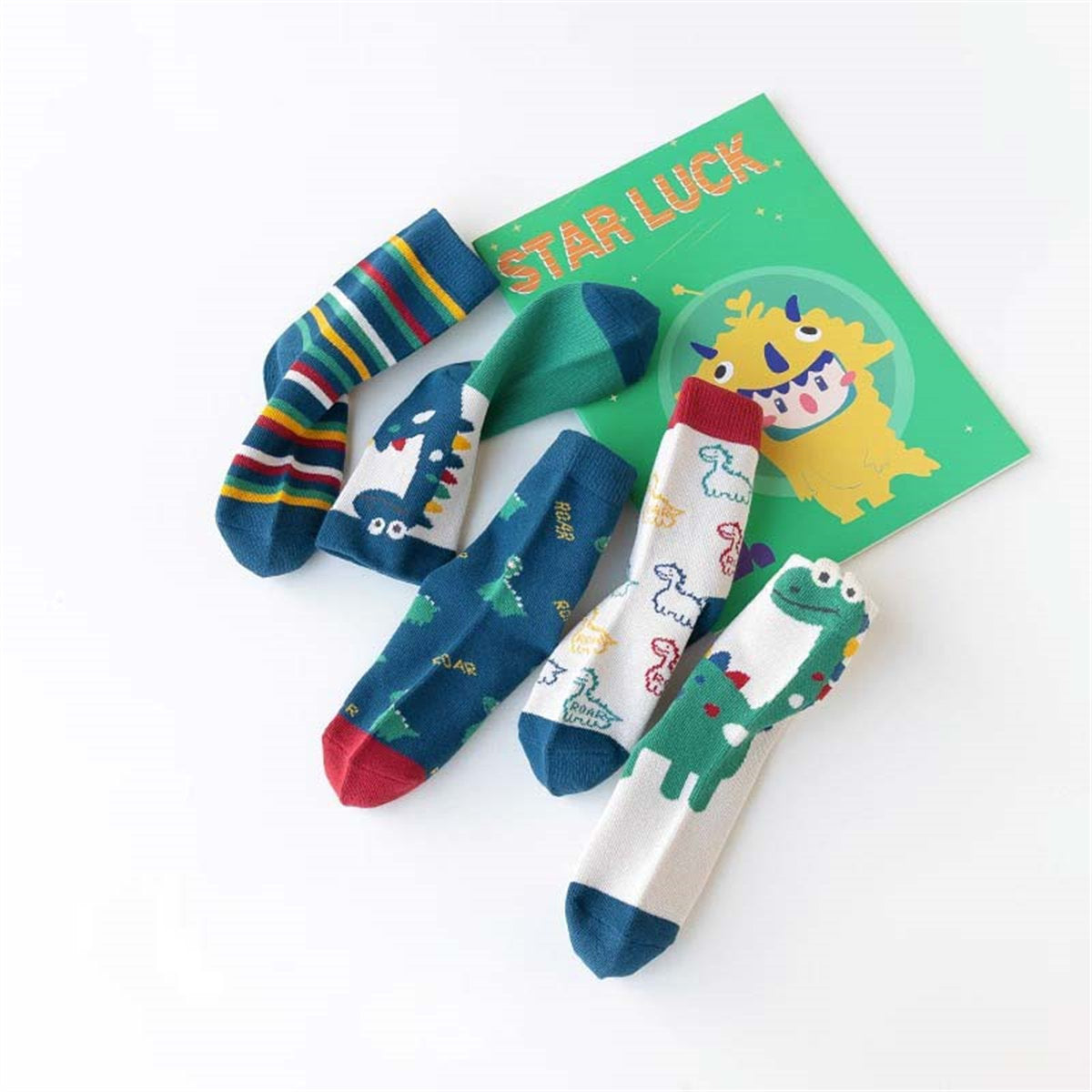 Children's boys cartoon dinosaur pattern bright color autumn and winter cotton socks