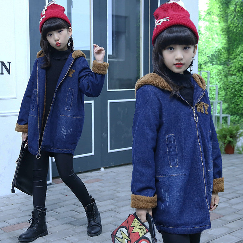 Girls' velvet denim windbreaker hooded long fashionable coat