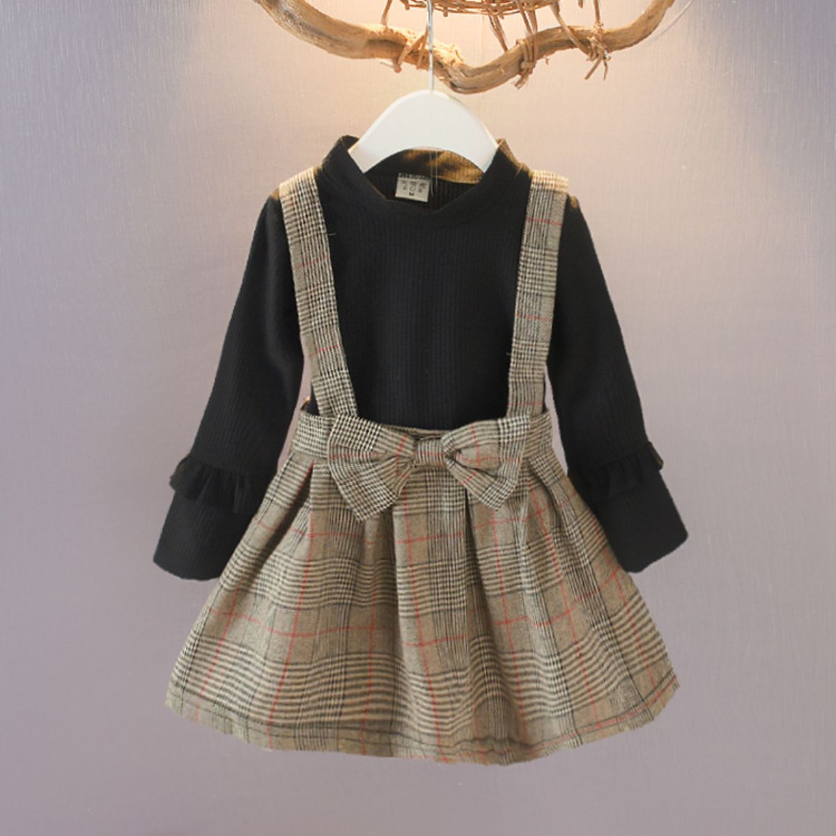 Girls dress spring and autumn baby fake 2 pieces fashionable children's skirt plaid little girl princess skirt