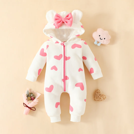 Baby Girl Allover Heart Printed Bowknot Decor Hooded Long-sleeved Long-leg Romper