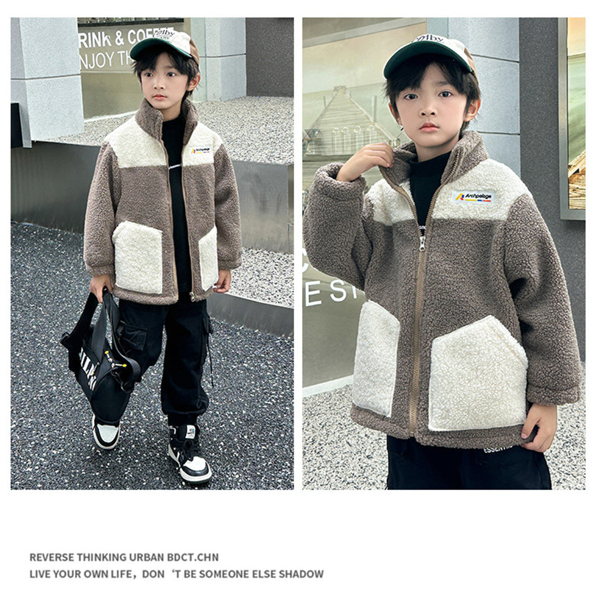 Winter plush and thickened color matching casual jacket for boys and girls