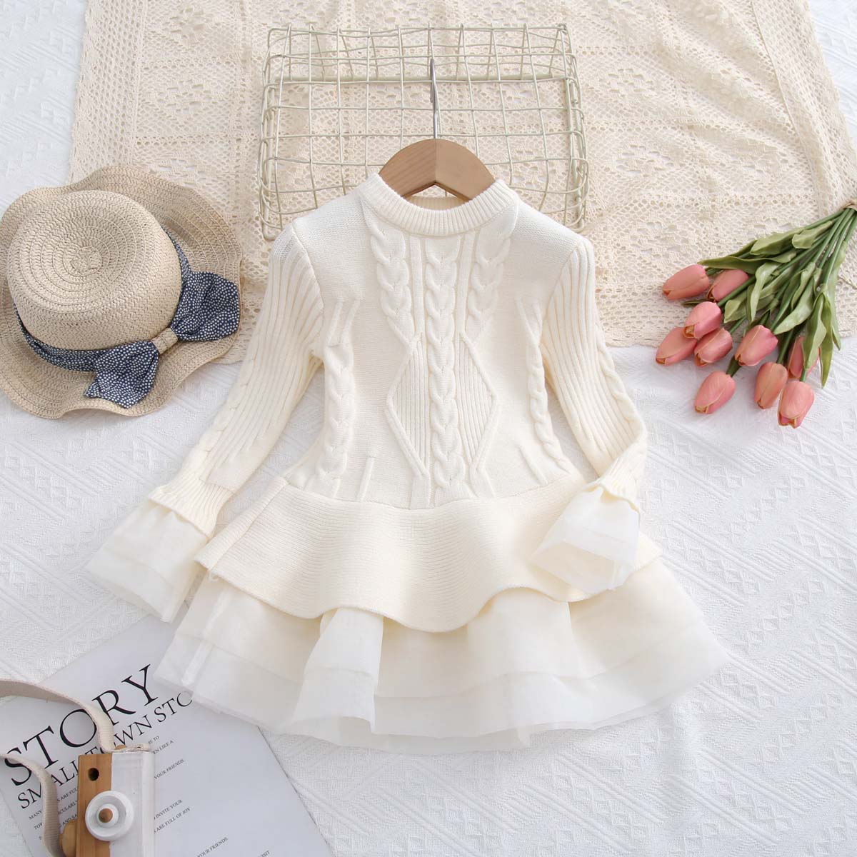 Multicolor Autumn Children's Clothing Knitted Long Sleeve Girls Princess Organza Sweater Dress