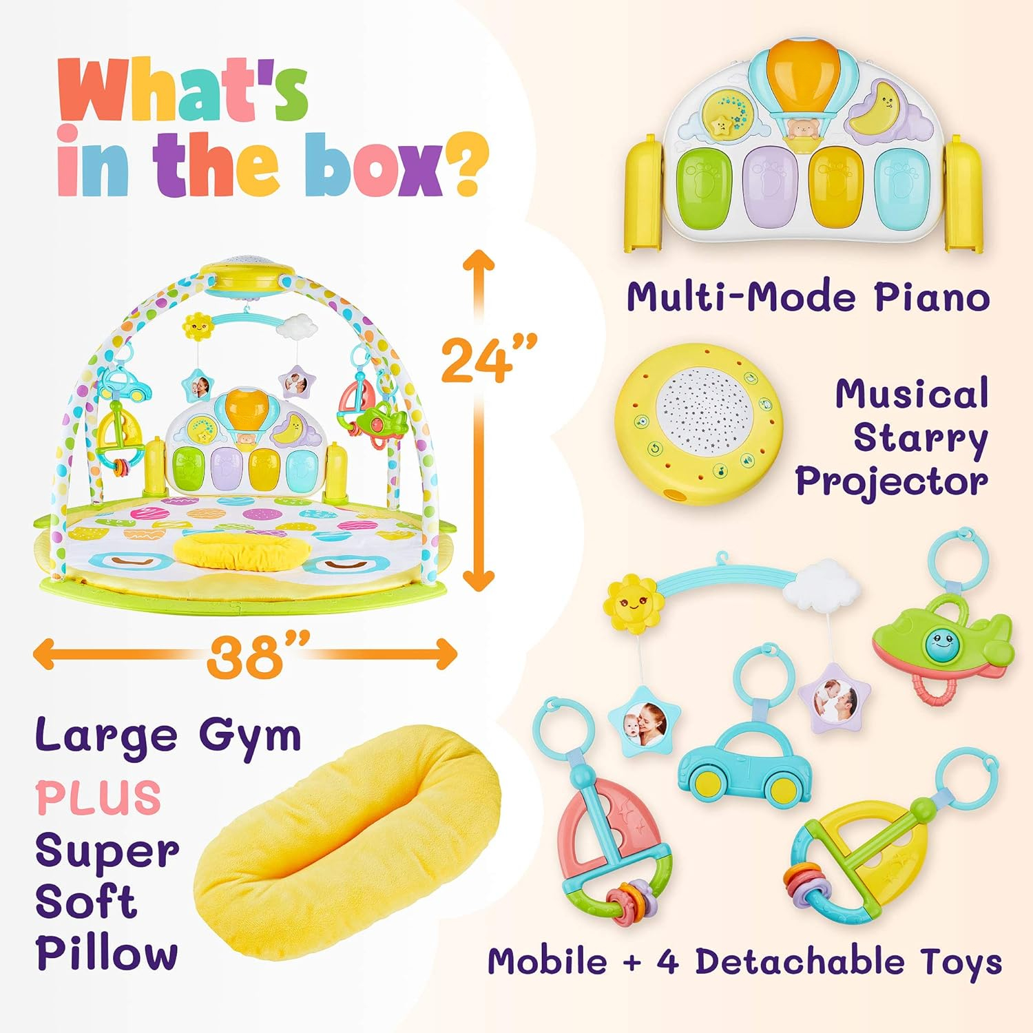 Baby Gym Playmat with Kick & Play Piano, Rotating Star Mobile & Star Projector, Machine Washable