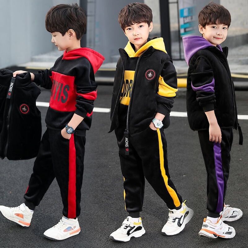 Autumn and winter double-faced fleece three-piece suit for children, plus fleece vest and sweatshirt suit