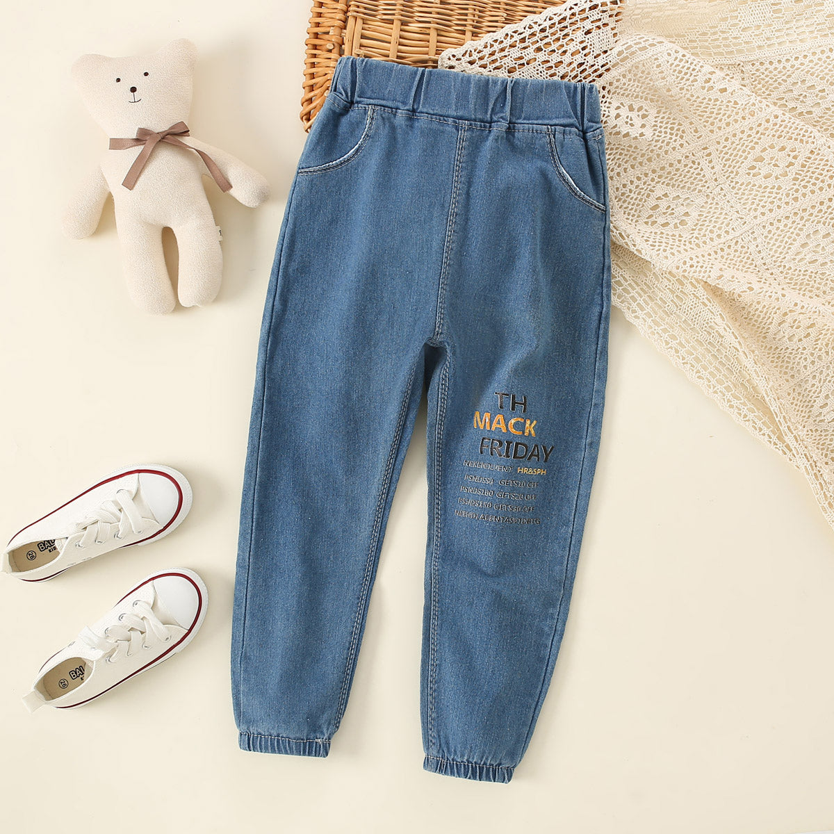 Toddler Boy Solid Color Letter Printed Straight Denim Pants