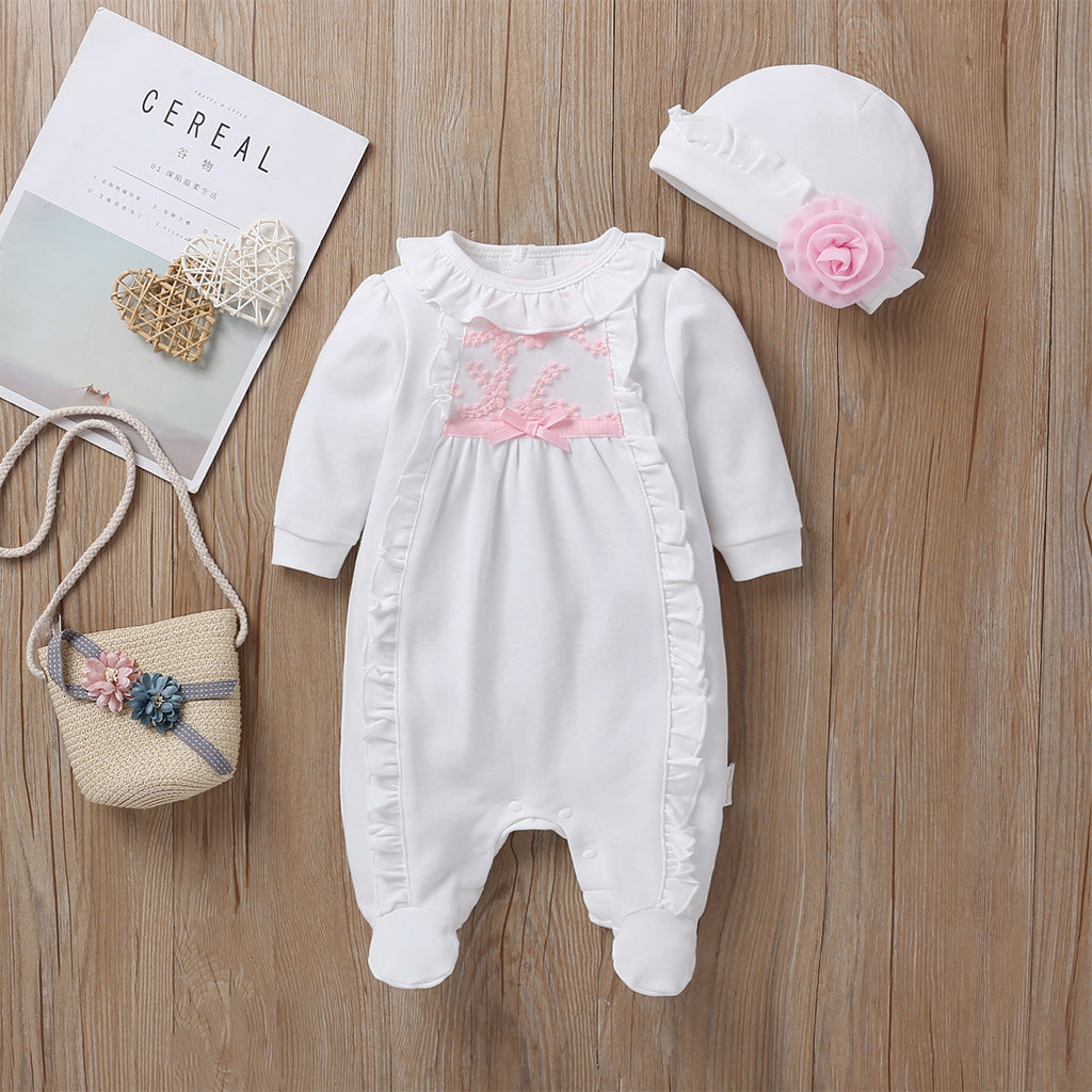 Baby Exquisite Decorative Border Bow Decor Jumpsuit With Floral Hat