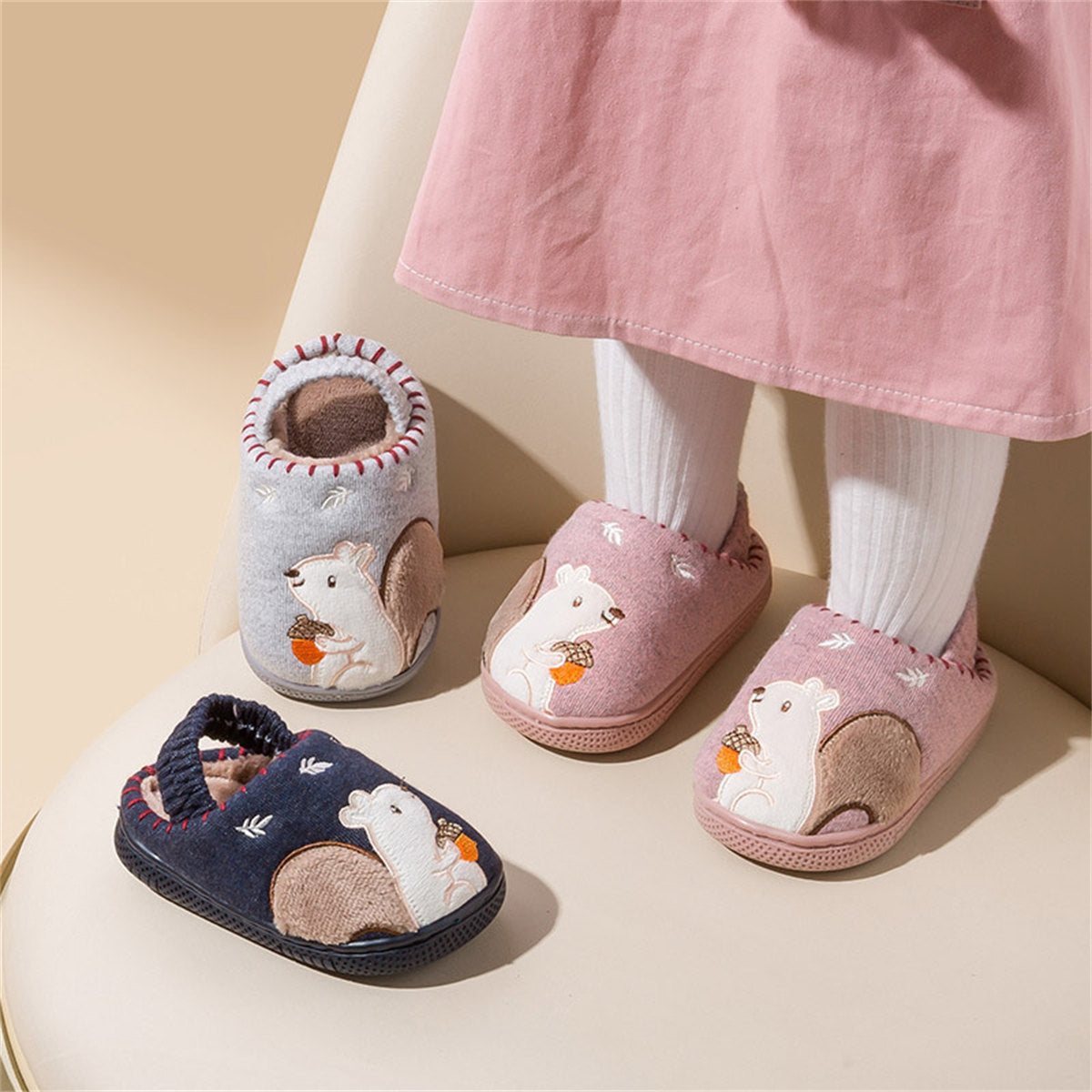 Children's and boys' autumn and winter cute squirrel print warm elastic ankle-capped cotton slippers