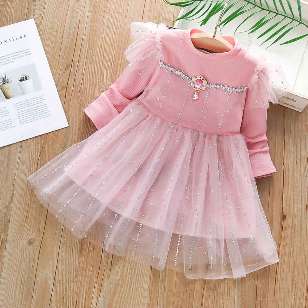 Girls Princess Elsa dress Spring and Autumn new long sleeve Frozen starry sky fluffy gauze skirt