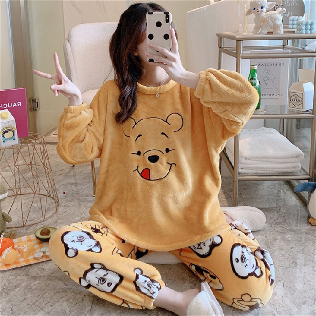 Long-sleeved thickened coral fleece cute autumn and winter home clothes suit