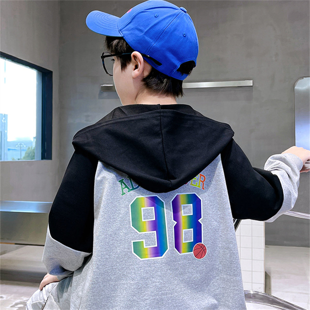 Daily leisure cardigan sweatshirt for middle and large children with hood and casual sports two-piece suit