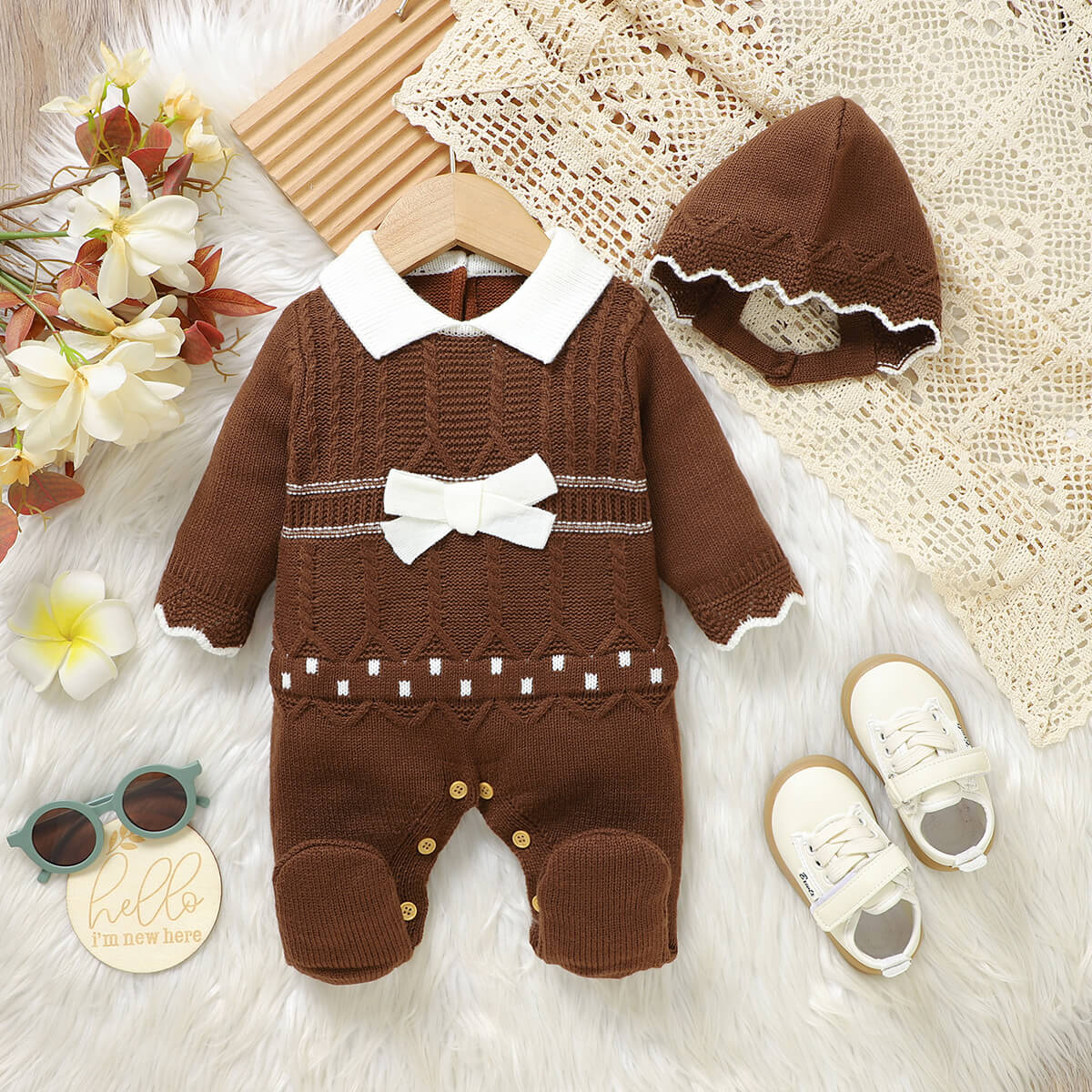 Baby solid color knitted one-piece long-sleeved romper with long legs + hat