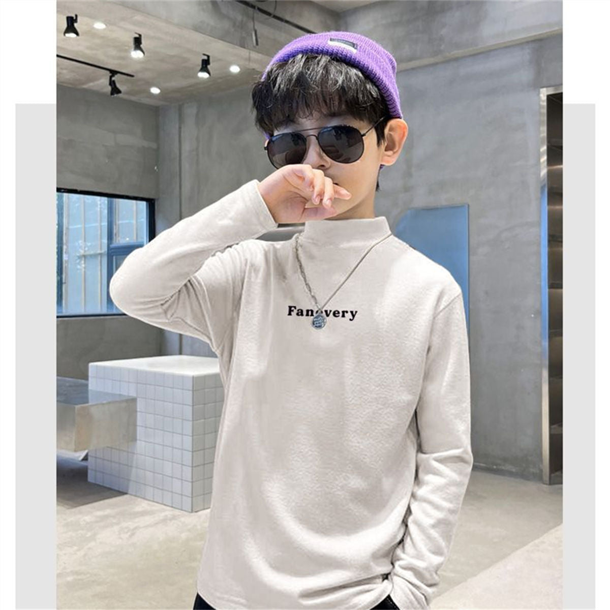 Winter simple letter style plus velvet warm half-high collar bottoming shirt for middle and large boys