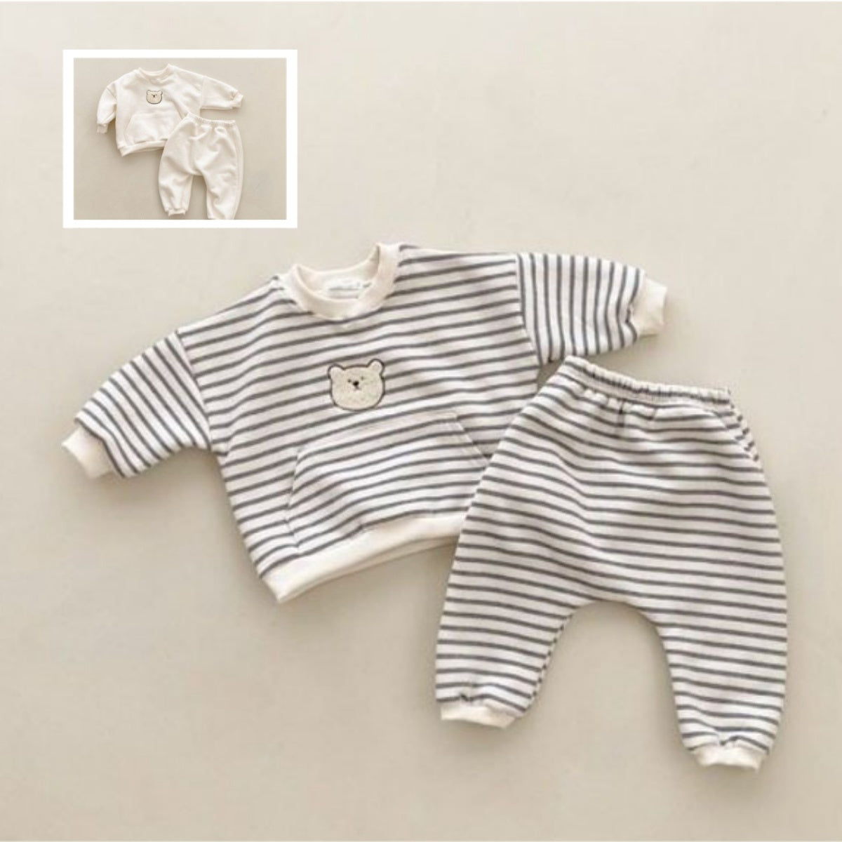 Baby long sleeve embroidered bear head striped outdoor romper crawling suit