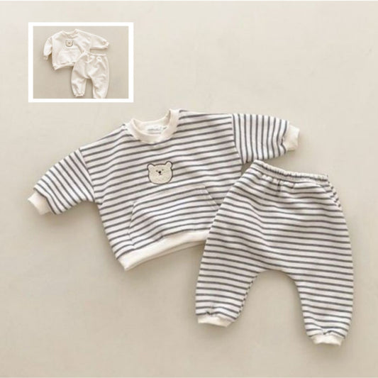 Baby long sleeve embroidered bear head striped outdoor romper crawling suit