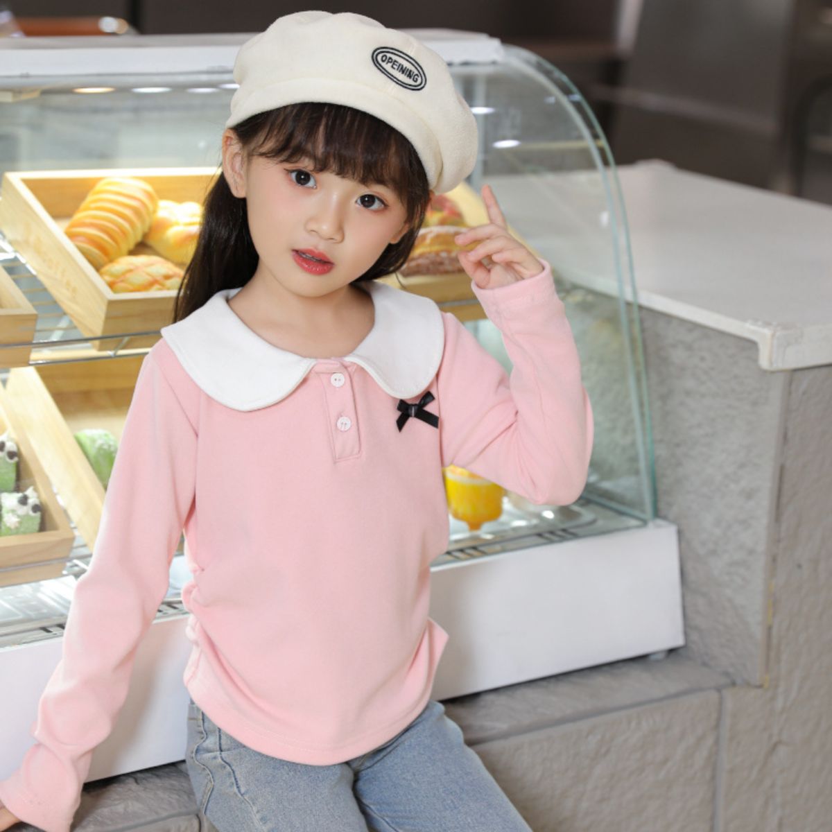 Children's autumn and winter doll collar bottoming shirt for girls fashionable and versatile long-sleeved T-shirt baby sweet top