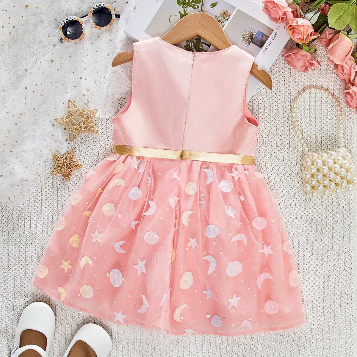 Toddler girl's pink three-dimensional star and moon satin sleeveless dress