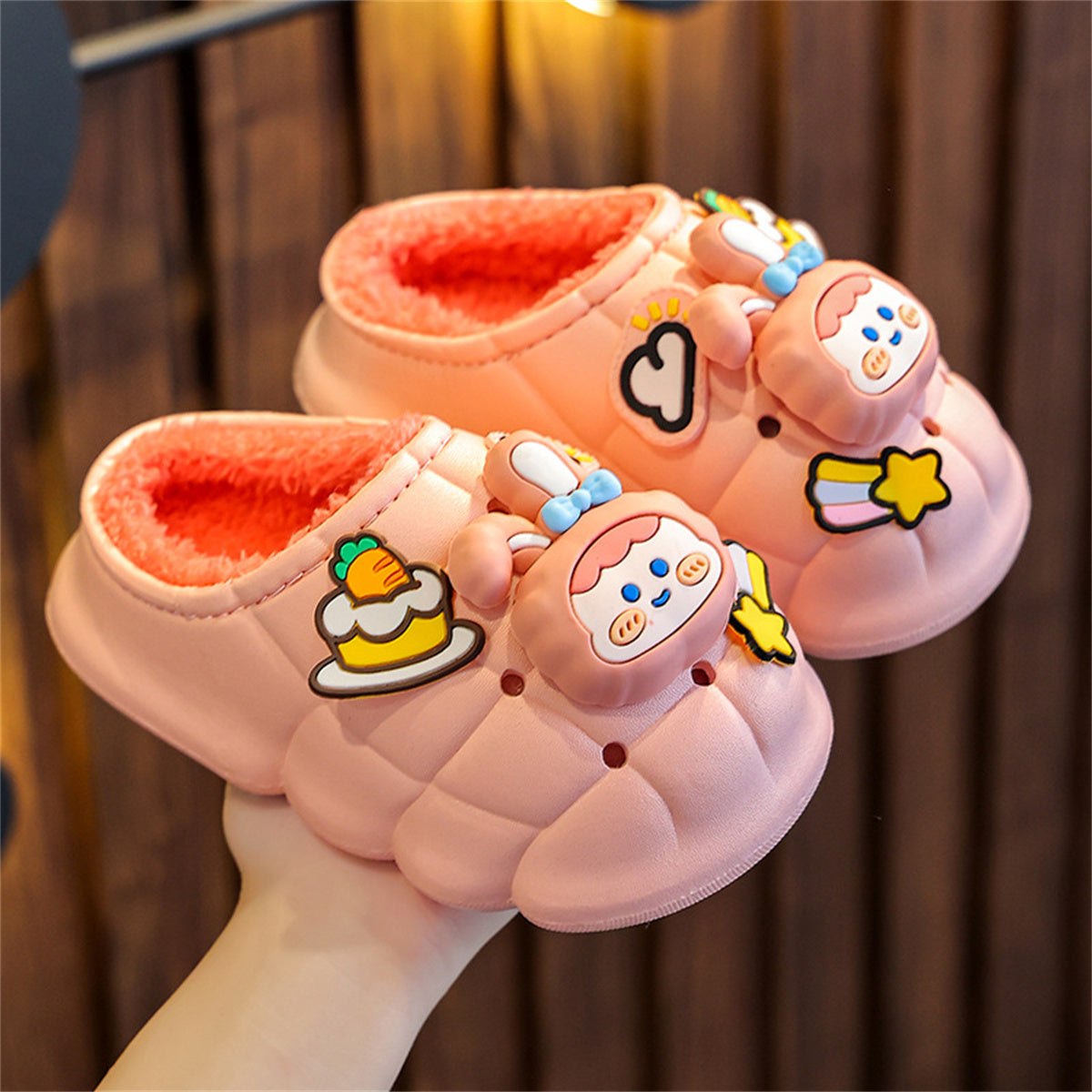 Children's girls' 3D cartoon rabbit waterproof thick bottom non-slip home cotton slippers