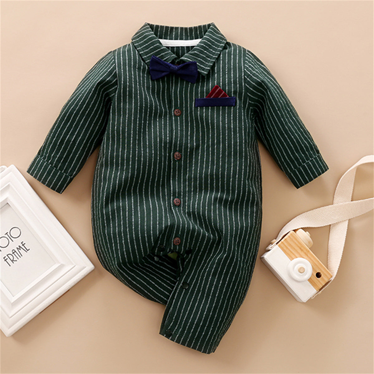 Baby Boy Bow Decor Striped Long-sleeved long-leg romper