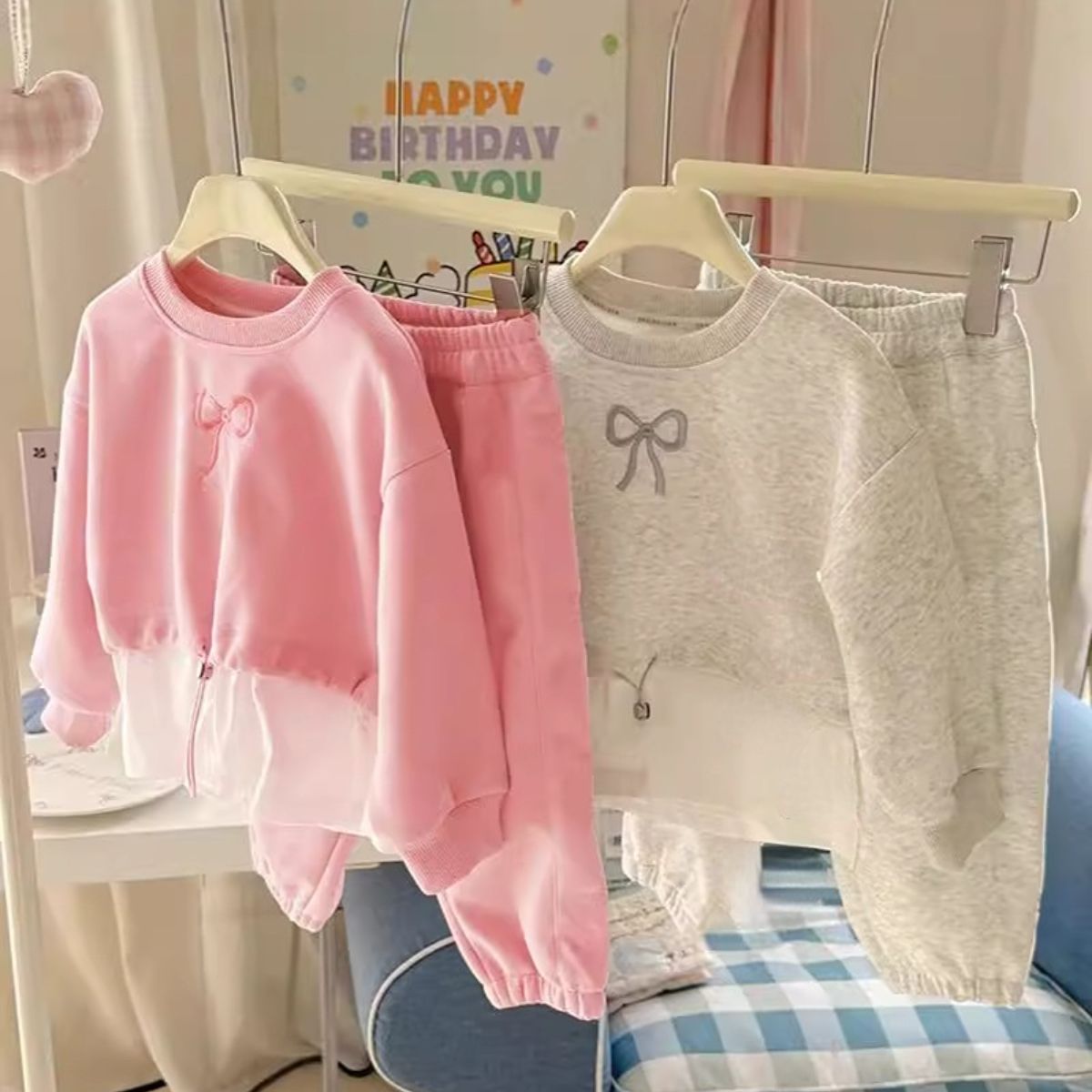 New autumn girls bow sweater suit children's round neck top casual sweatpants two-piece suit