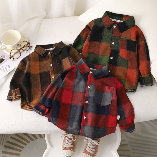 Autumn children's plaid coat shirt handsome casual long-sleeved shirt