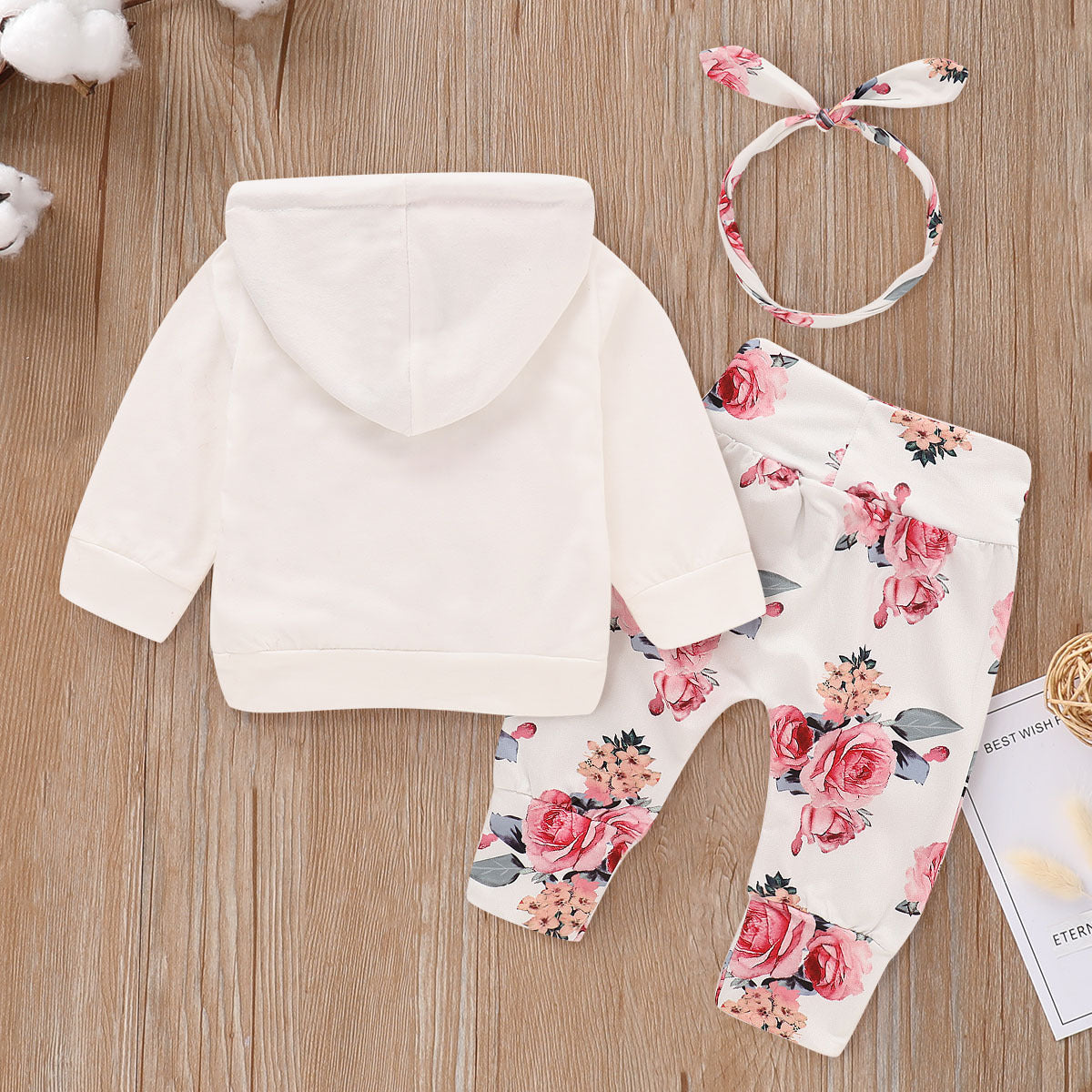 Baby Floral Printed Long-sleeve Hoodie & Pants With Headband