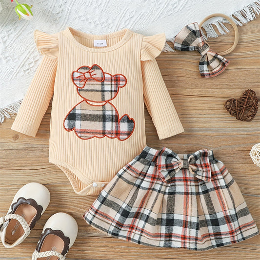 Baby skirt set cartoon bear print long-sleeved triangle romper + plaid skirt + hairband