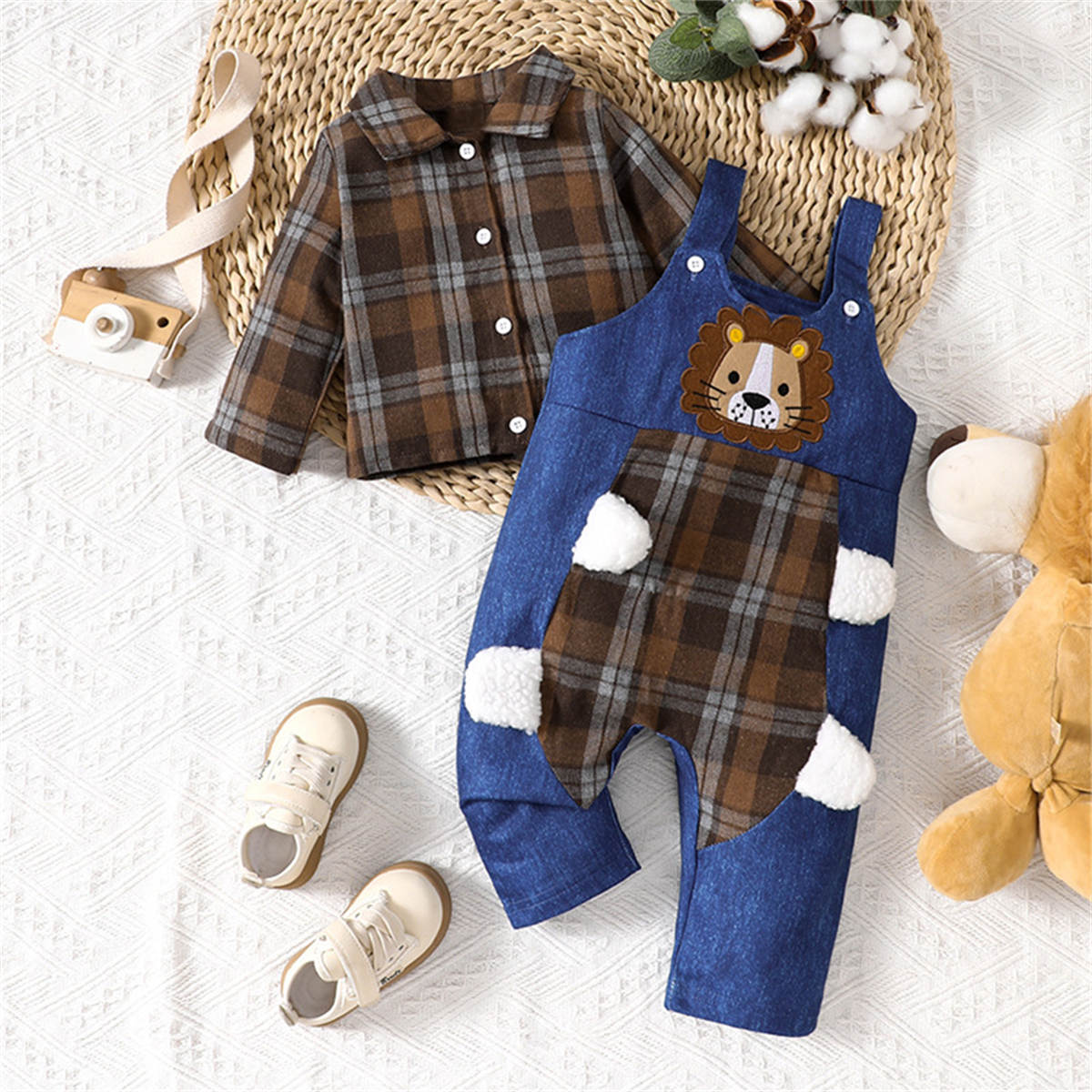 Boys&#39; spring and autumn two piece shirt and overalls suit