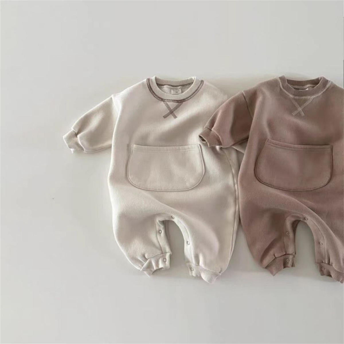 Baby solid color kangaroo pocket belly long sleeve long crawling clothes spring and autumn