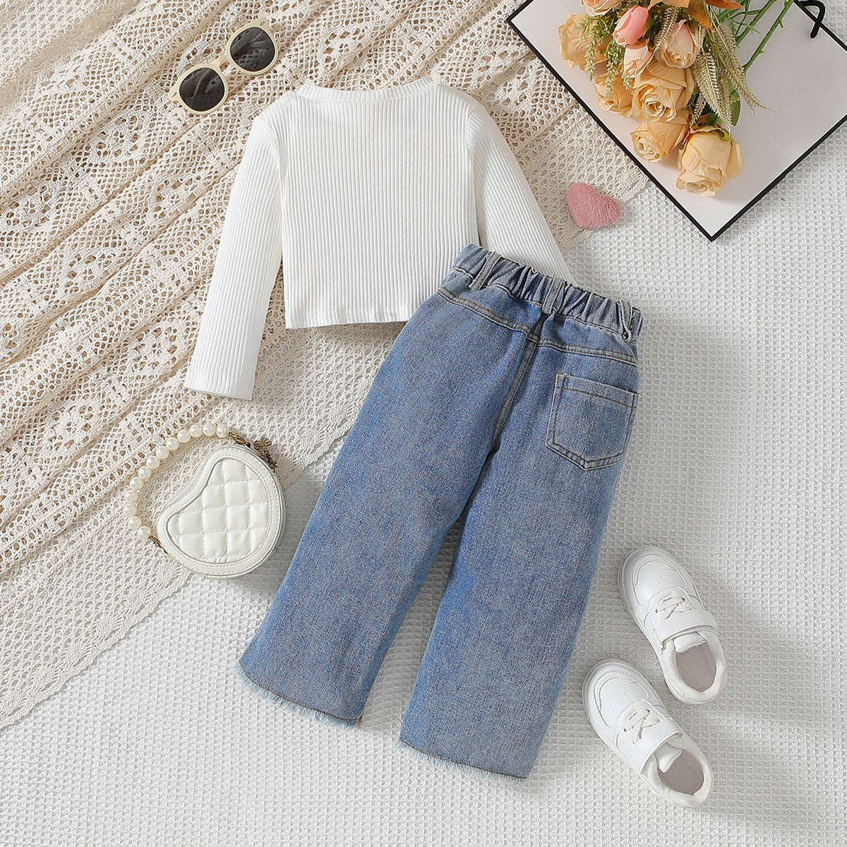 Girls suit spring and autumn style long-sleeved T-shirt jeans two-piece suit