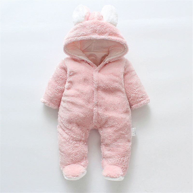 Baby Solid Color Bear Ear Plush Long-sleeved Long-leg Romper