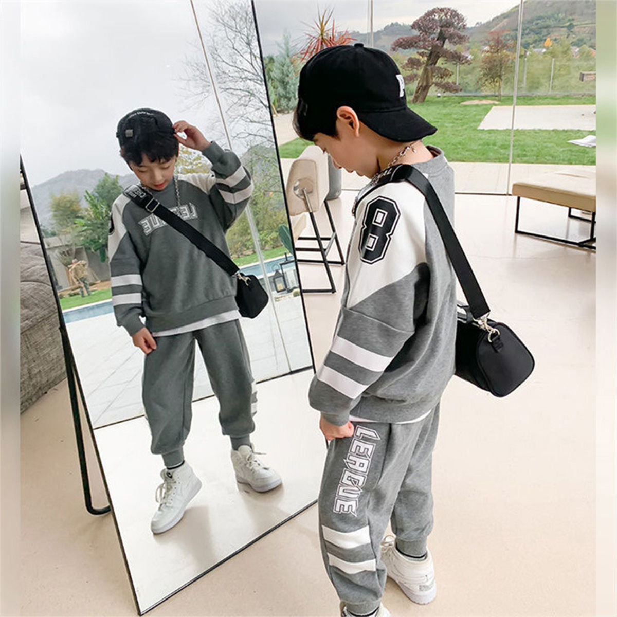 Autumn fashion sports style color matching T-shirt suit for middle and large boys