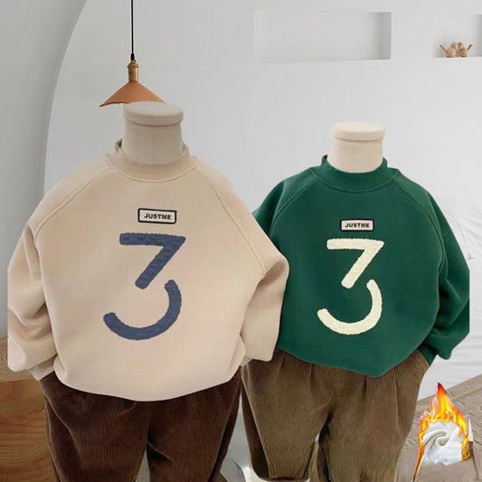 Children&#39;s clothing plus velvet and thickened boys&#39; round neck sweatshirt winter new girls&#39; warm thickened letter contrast color top