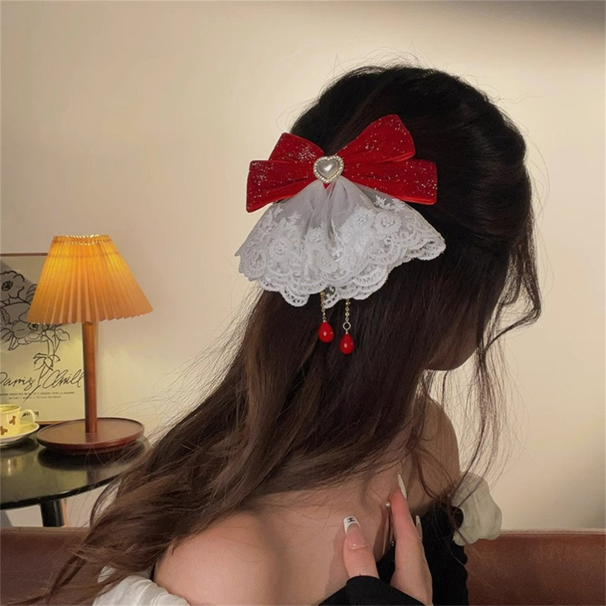 Women's Christmas sweet temperament lace red big bow single clip broken diamond hairpin