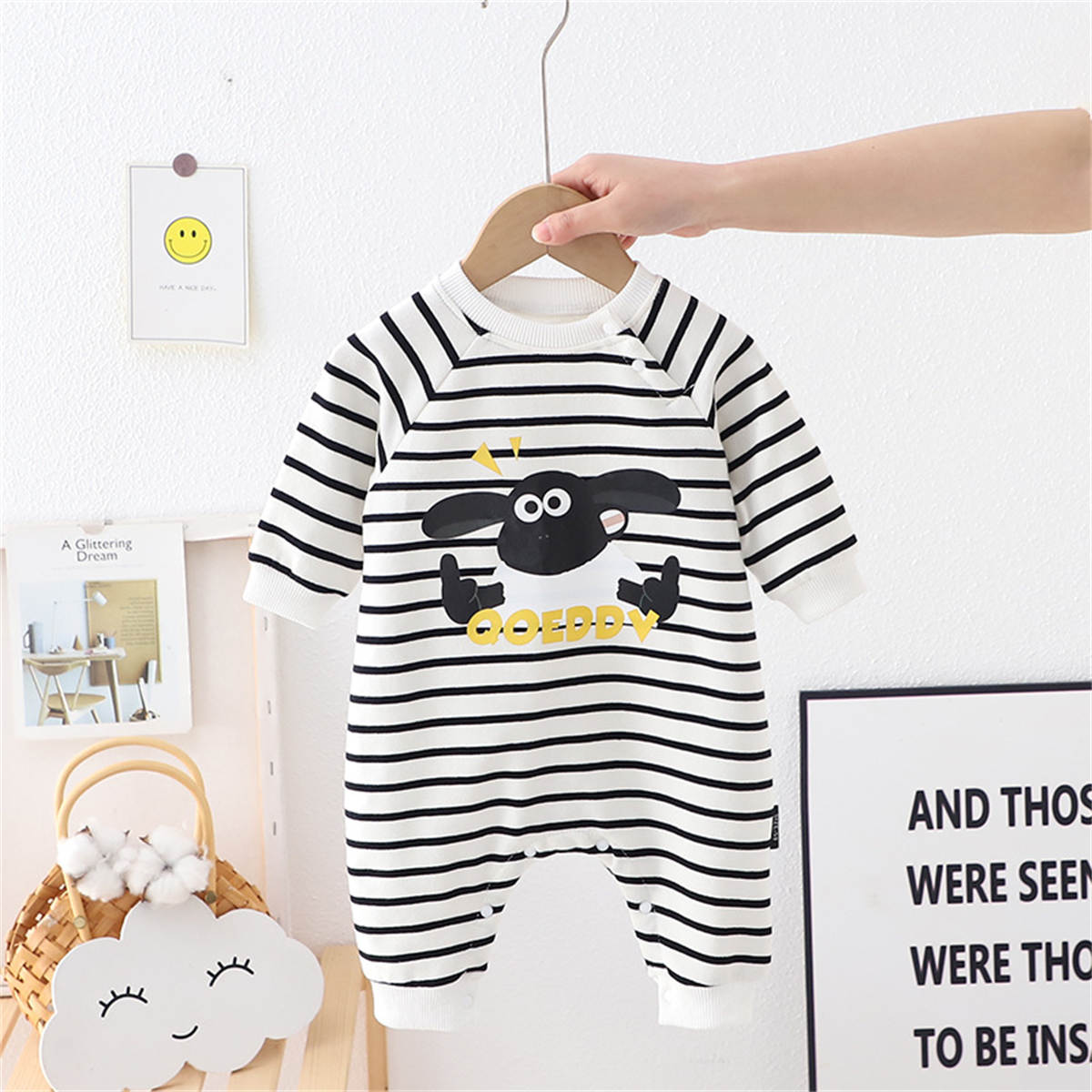 Baby black and white striped baby romper