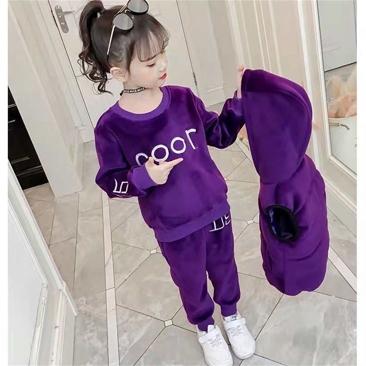 Medium and large girls casual sports style double-faced fleece casual sweatshirt three-piece set