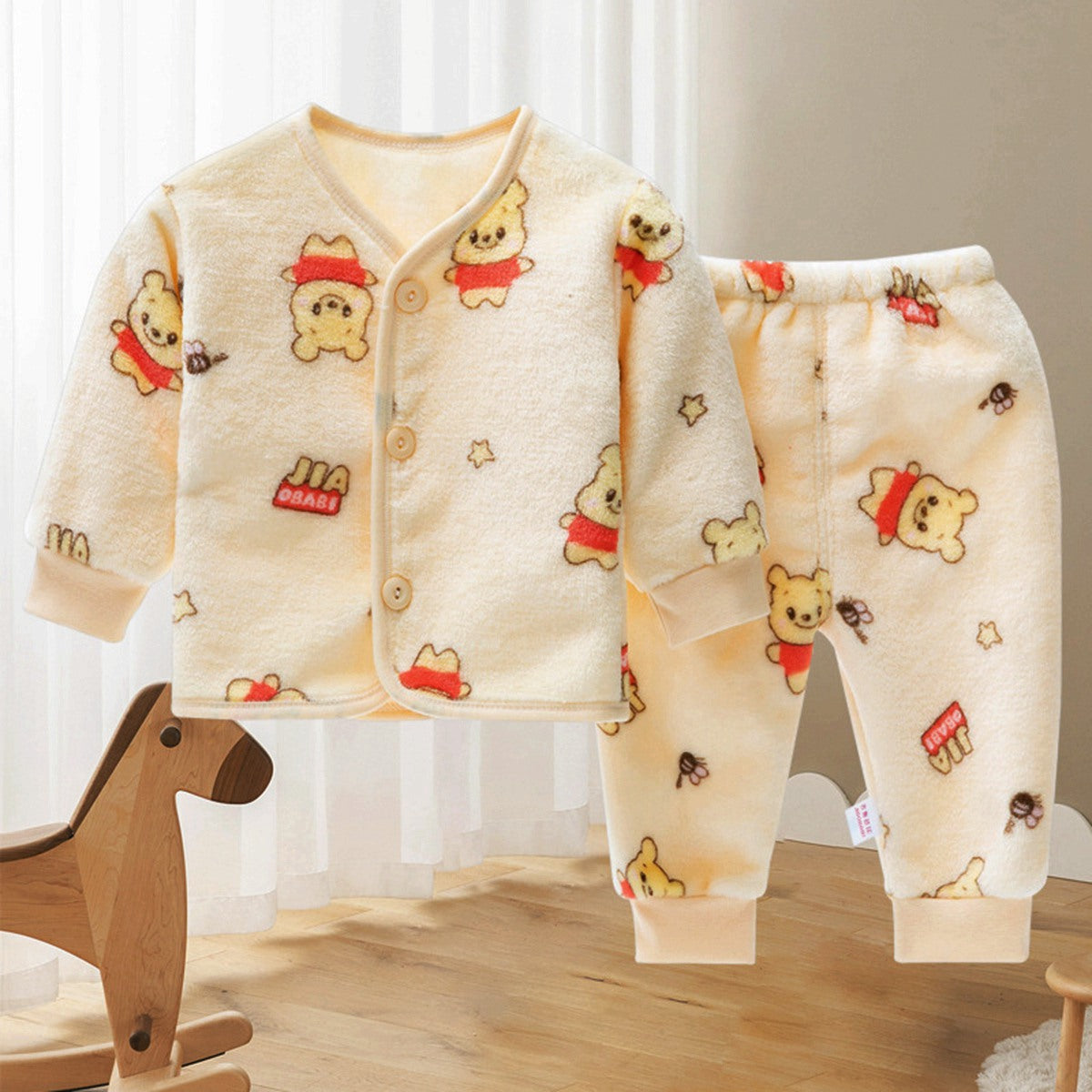 2 Pieces Baby Clothes Warm Flannel Cute Pentagram Bear Pattern Pajamas Set for Autumn and Winter