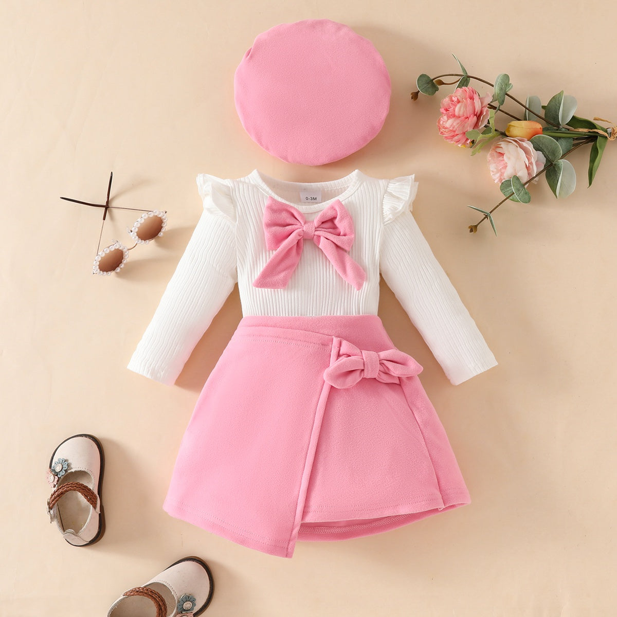 Toddler Girl Fashion Big Bow Ribbon Fabric Top + Tweed Fabric Skirt + Beret Three-piece Set