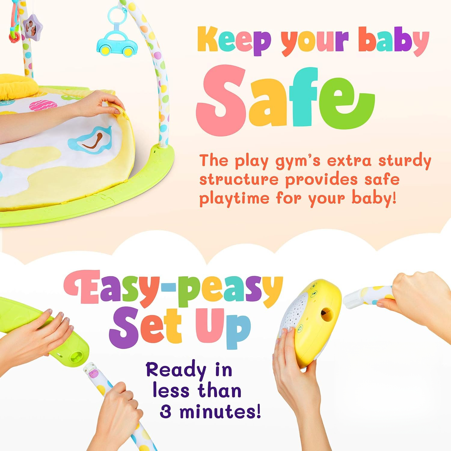 Baby Gym Playmat with Kick & Play Piano, Rotating Star Mobile & Star Projector, Machine Washable