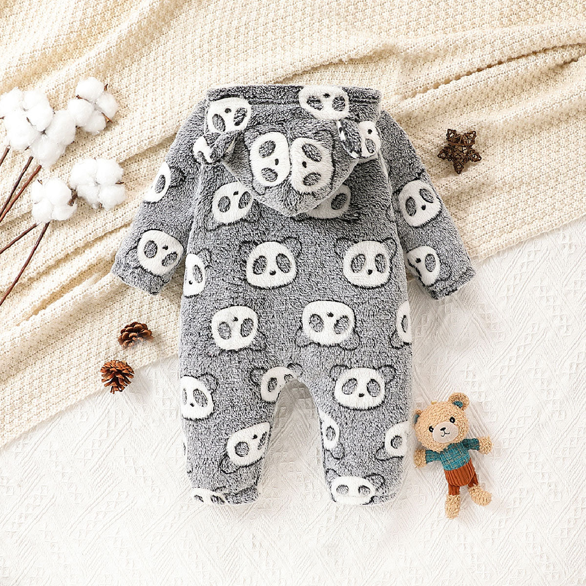 Baby boy fashion cute cartoon panda full body printing slanted zipper three-dimensional ear shape hooded long-sleeved jumpsuit long-legged crawling suit winter