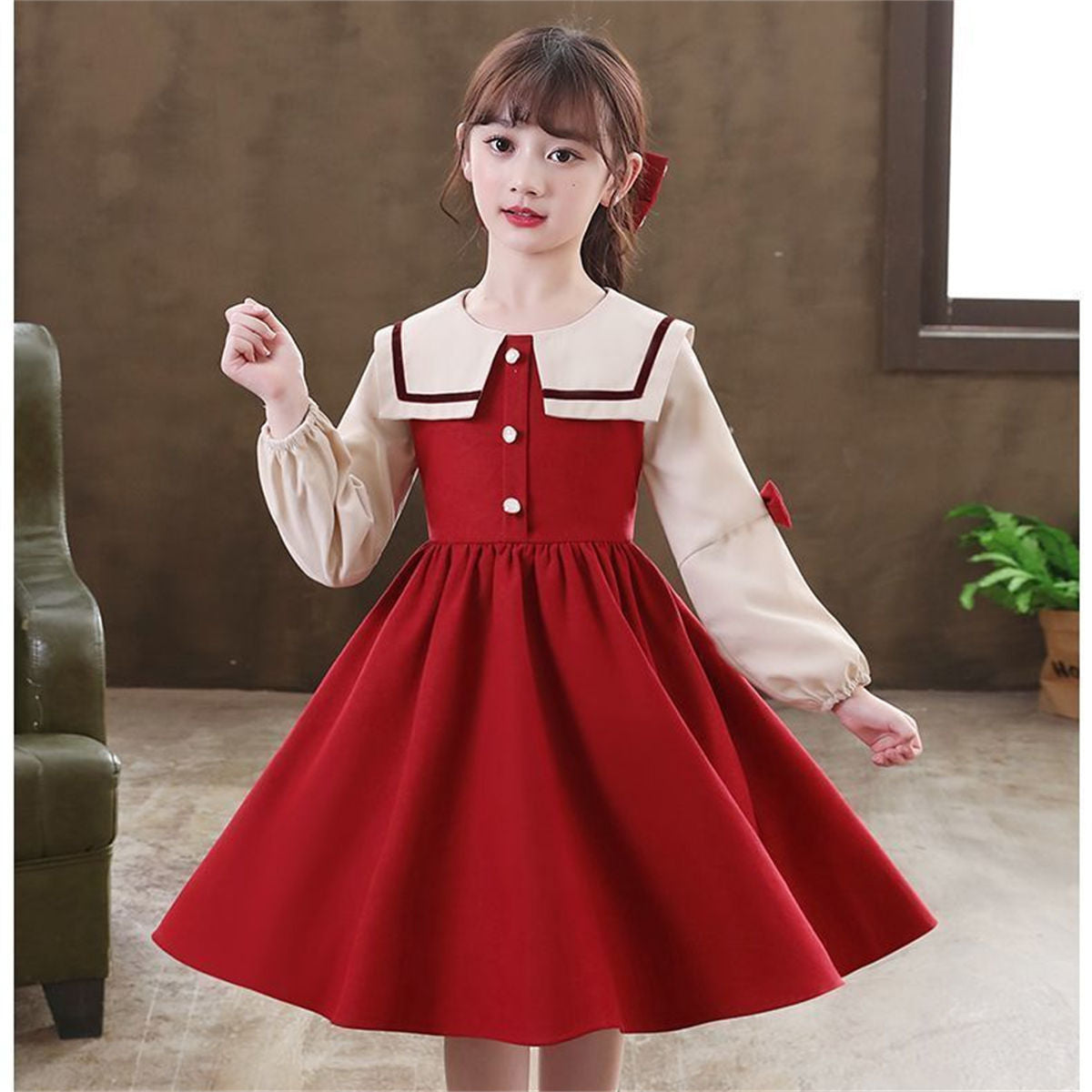 Autumn color matching sweet princess style navy collar bow long sleeve dress for middle and large children girls