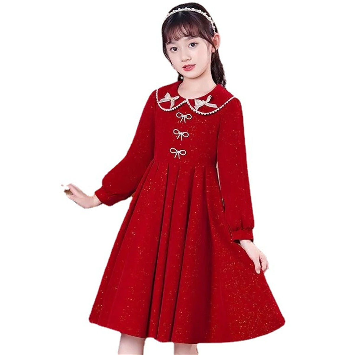 Winter solid color exquisite lady style shiny bow long sleeve dress for middle and large children girls