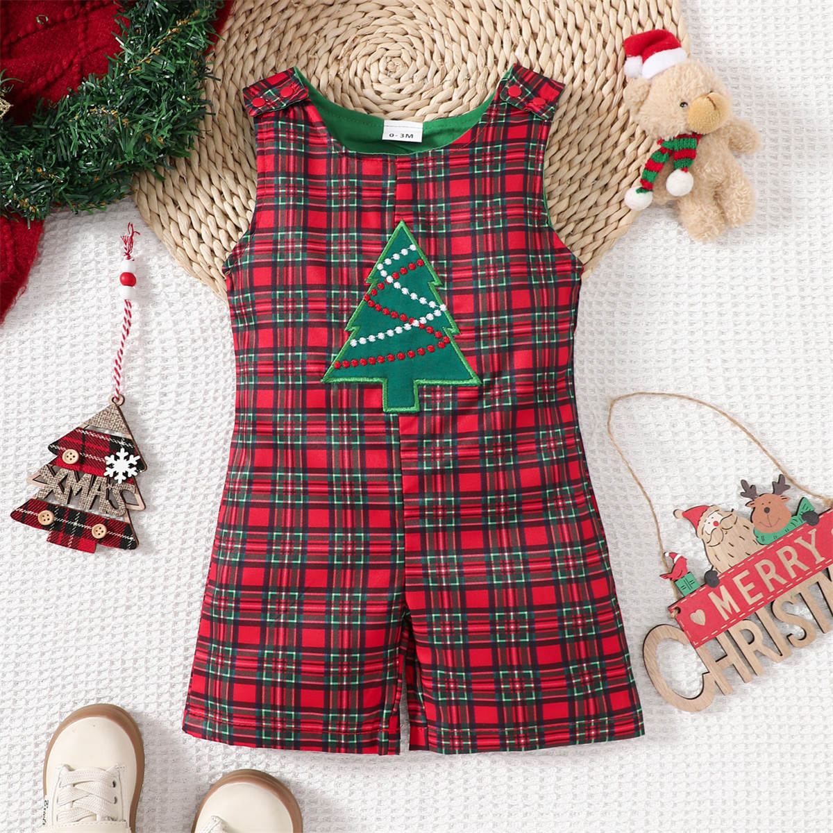 Christmas Baby Plaid Bodysuit Cartoon Christmas Tree Embroidery Jumpsuit