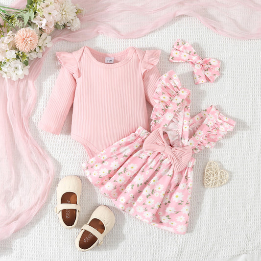 Baby Girl Sweet Cute Floral Pattern Front Bow Skirt Ruffle Cross Strap Skirt with Pink Long Sleeve Triangle Sweater and Headband Fall 3-Piece Set