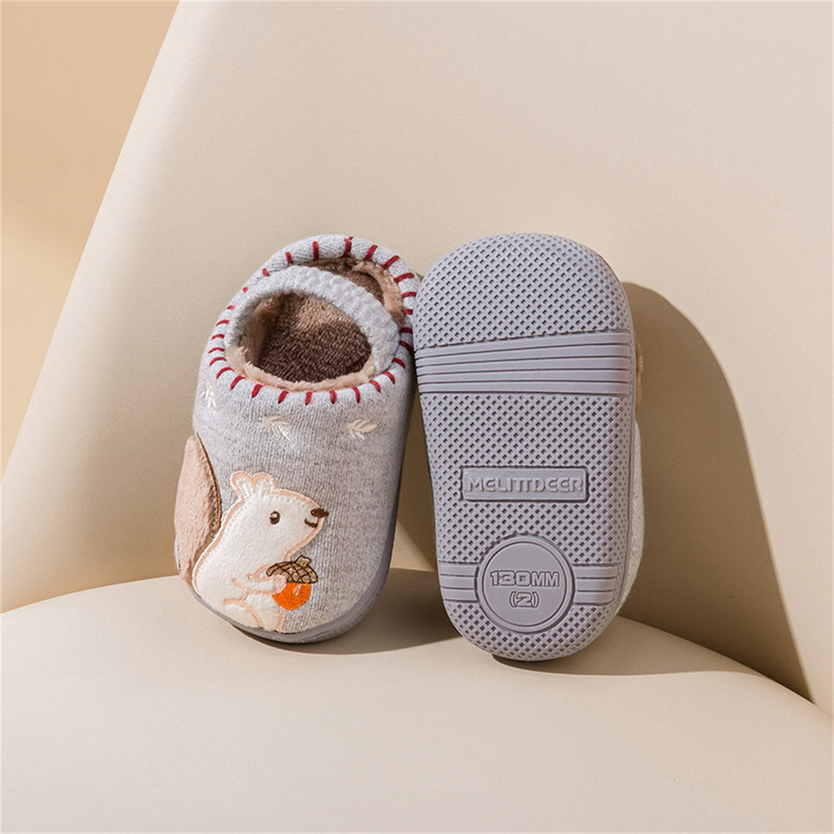 Children's and boys' autumn and winter cute squirrel print warm elastic ankle-capped cotton slippers